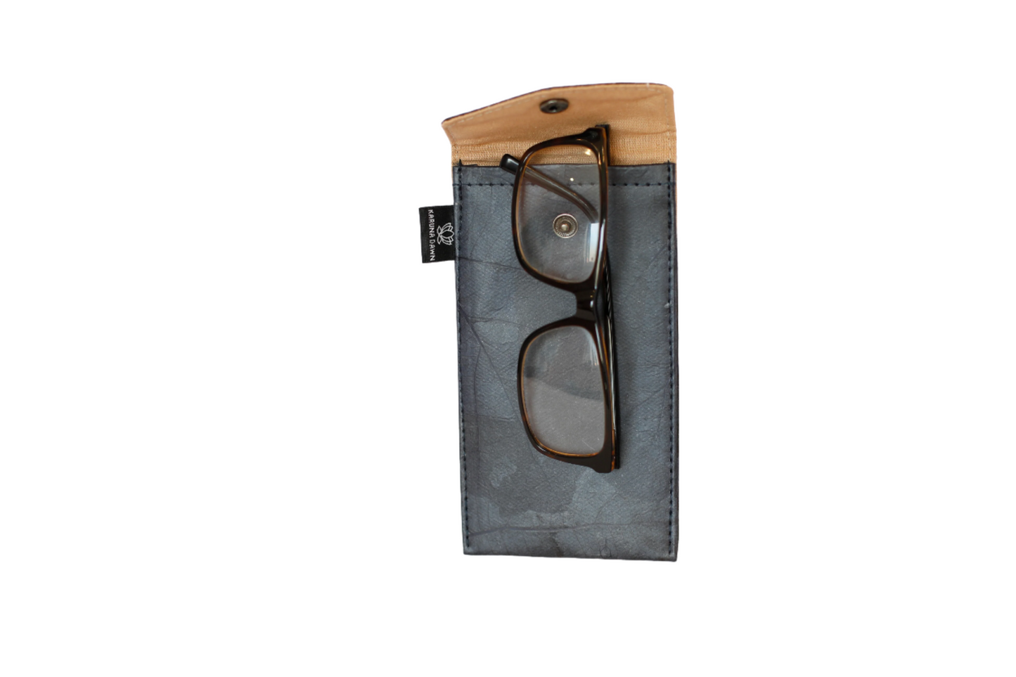 Glasses in a vegan leather black case on a white background