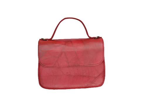 Crimson red vegan handbag made from real tree leaves