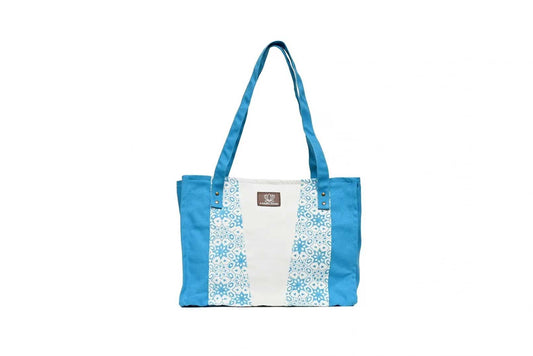 Hand-Block-Design-Tote-Bag---Blue-Turquoise-_-Natural - Karuna Dawn