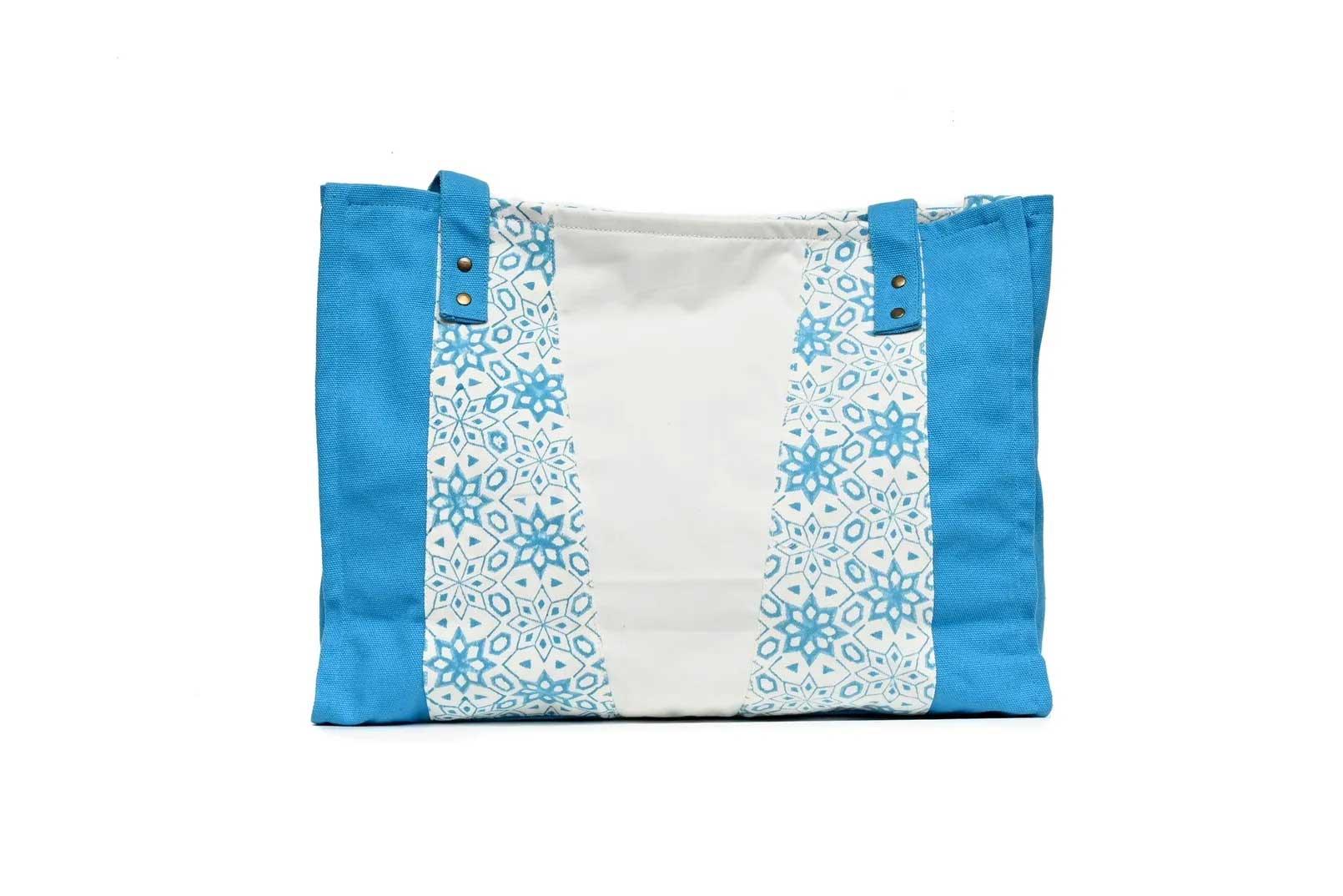 Hand-Block-Design-Tote-Bag---Blue-Turquoise-_-Natural3 - Karuna Dawn