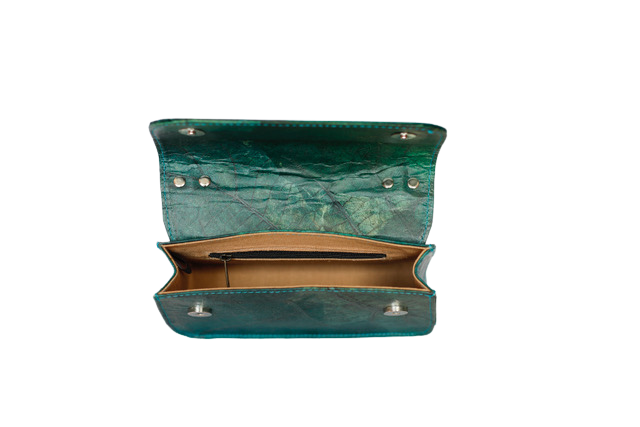 Turquoise leather clutch bag with a brown interior on a white background