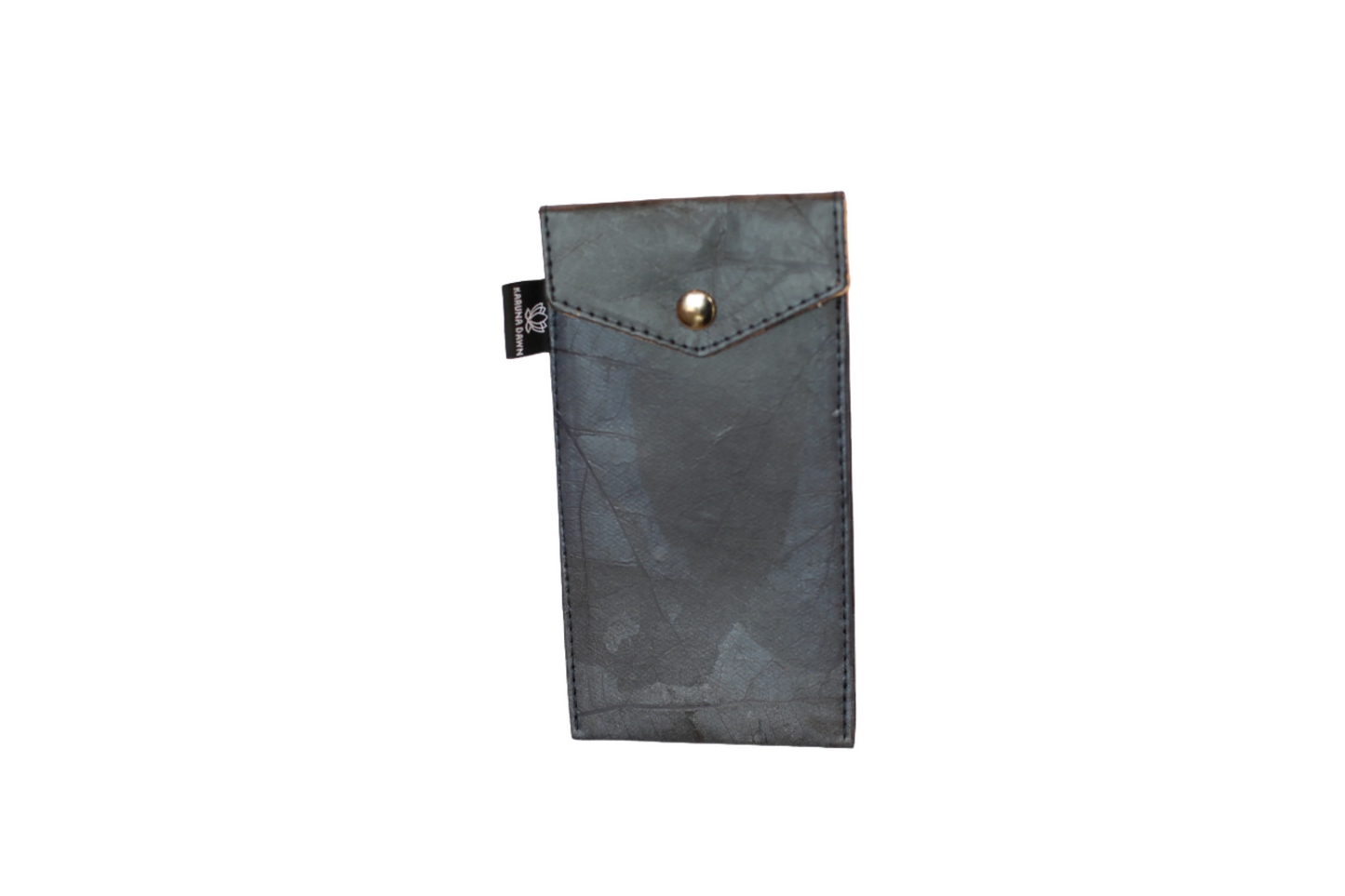 Black vegan leather phone case with a button on a white background
