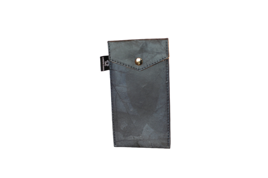 Black vegan leather phone case with a button on a white background