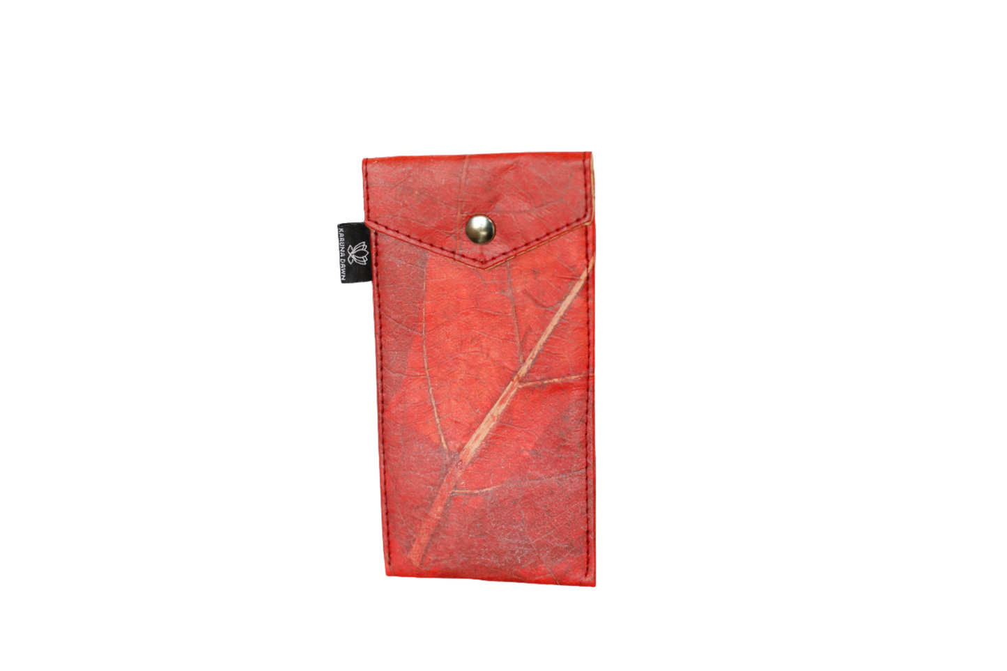 Red vegan leather wallet with a silver button on a white background