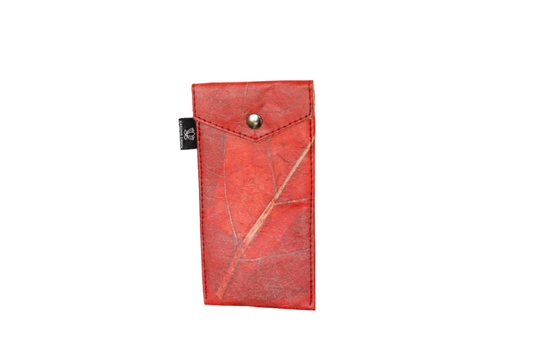 Red vegan leather wallet with a silver button on a white background