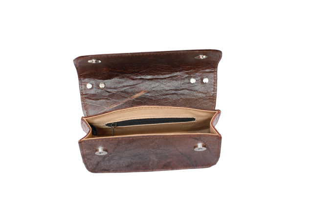 Brown vegan bag with visible stitching on a white background
