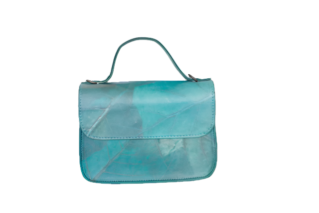 Turquoise green vegan handbag made from real tree leaves