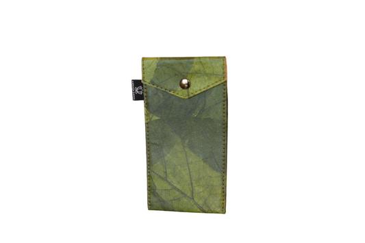 Green vegan glasses holder with a button on a white background