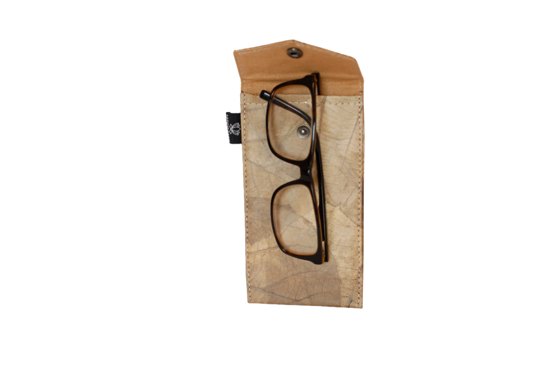 Brown eyeglasses in a Vegan leather case on a white background