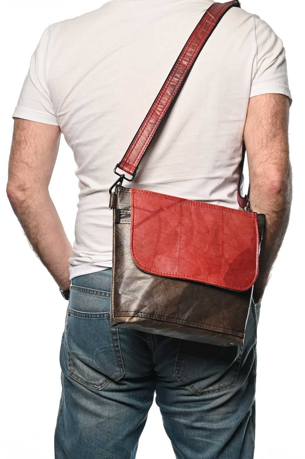 Vegan Leather Unisex Messenger Bag - Red & Brown