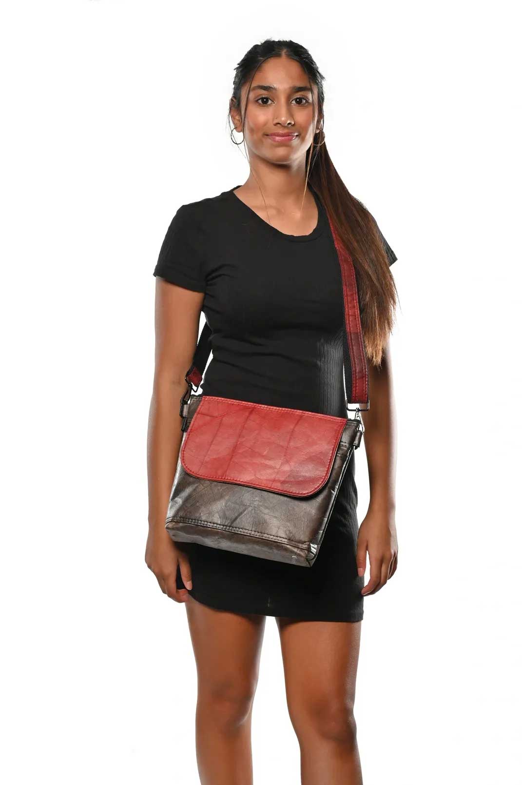 Vegan Leather Unisex Messenger Bag - Red & Brown